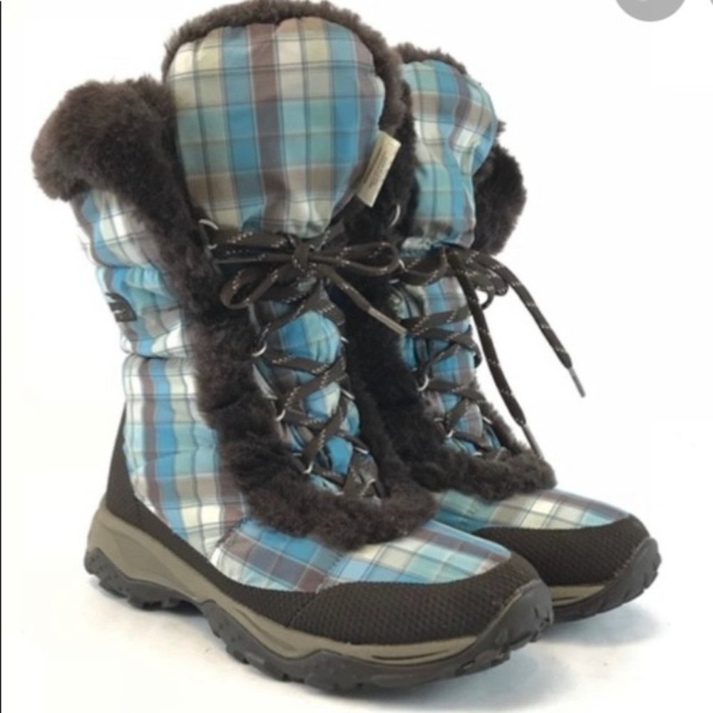 The North Face Nuptese Blue Brown Plaid Boots Sz 5